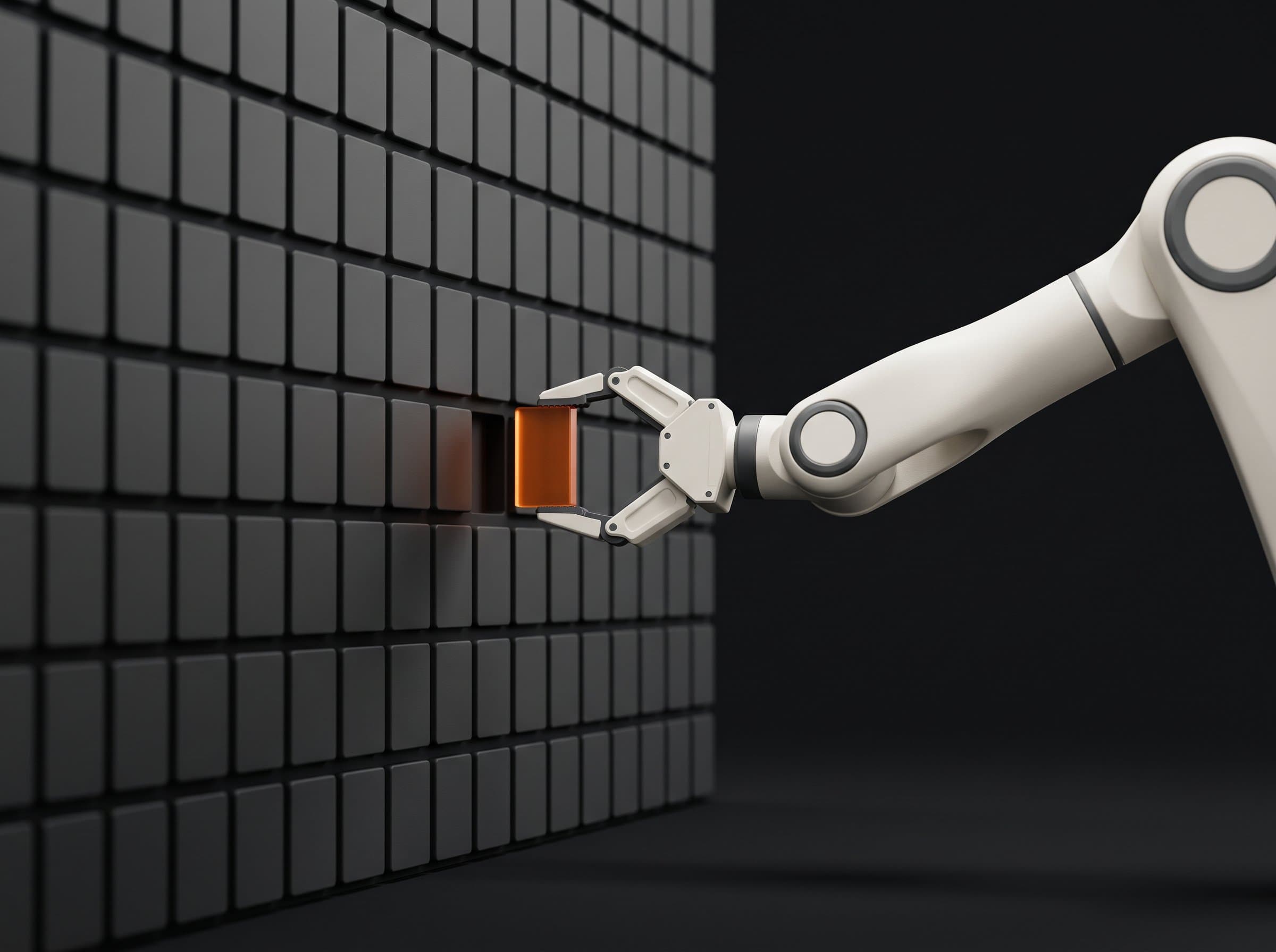 Abstract render of a mechanical arm drawing a glowing data shard from a grid of storage tiles