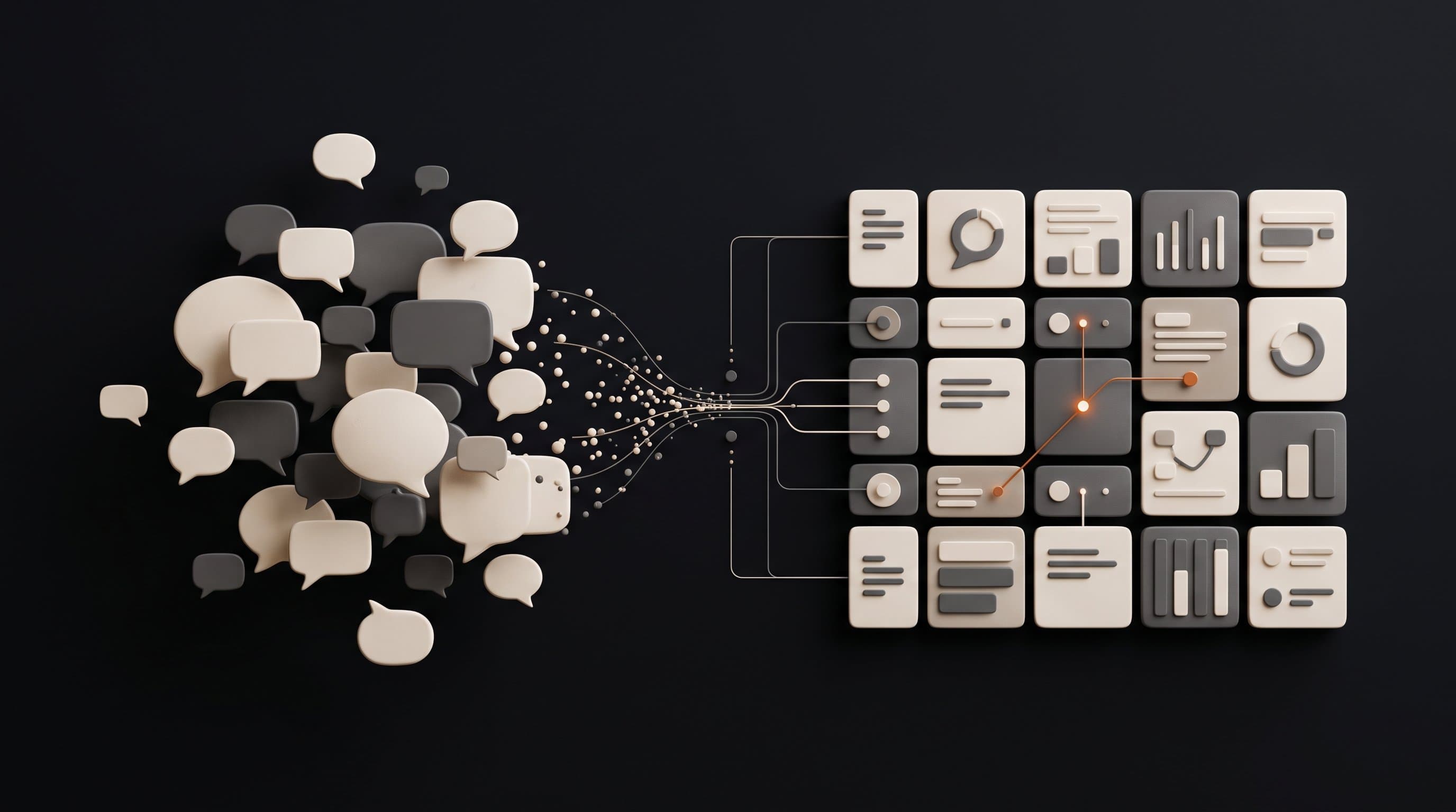 Technology AI visual with particles condensing into agent-system architecture