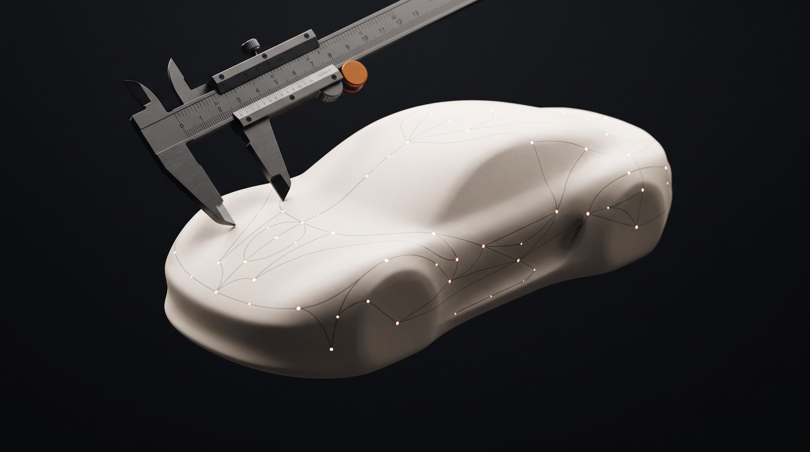 Automotive AI visual with a vehicle form, calipers, and telemetry sensors