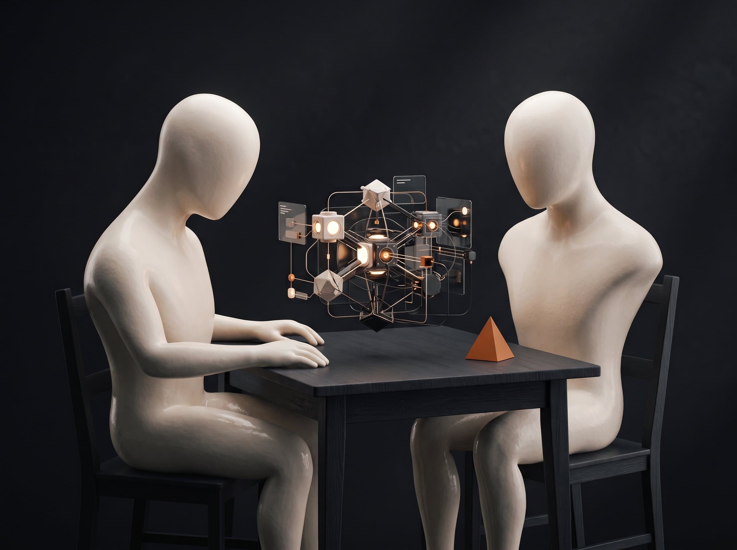 Abstract collaboration visual with two people designing an AI agent system