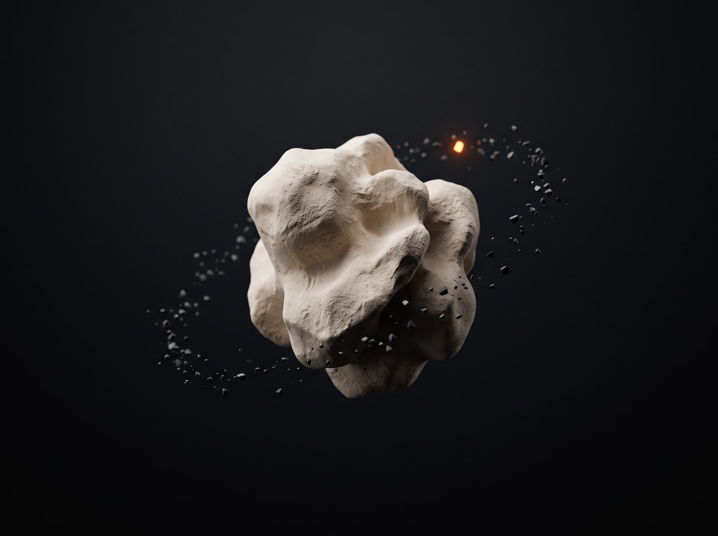 Abstract idea-stage visual with a rough ceramic fragment and orbiting particles