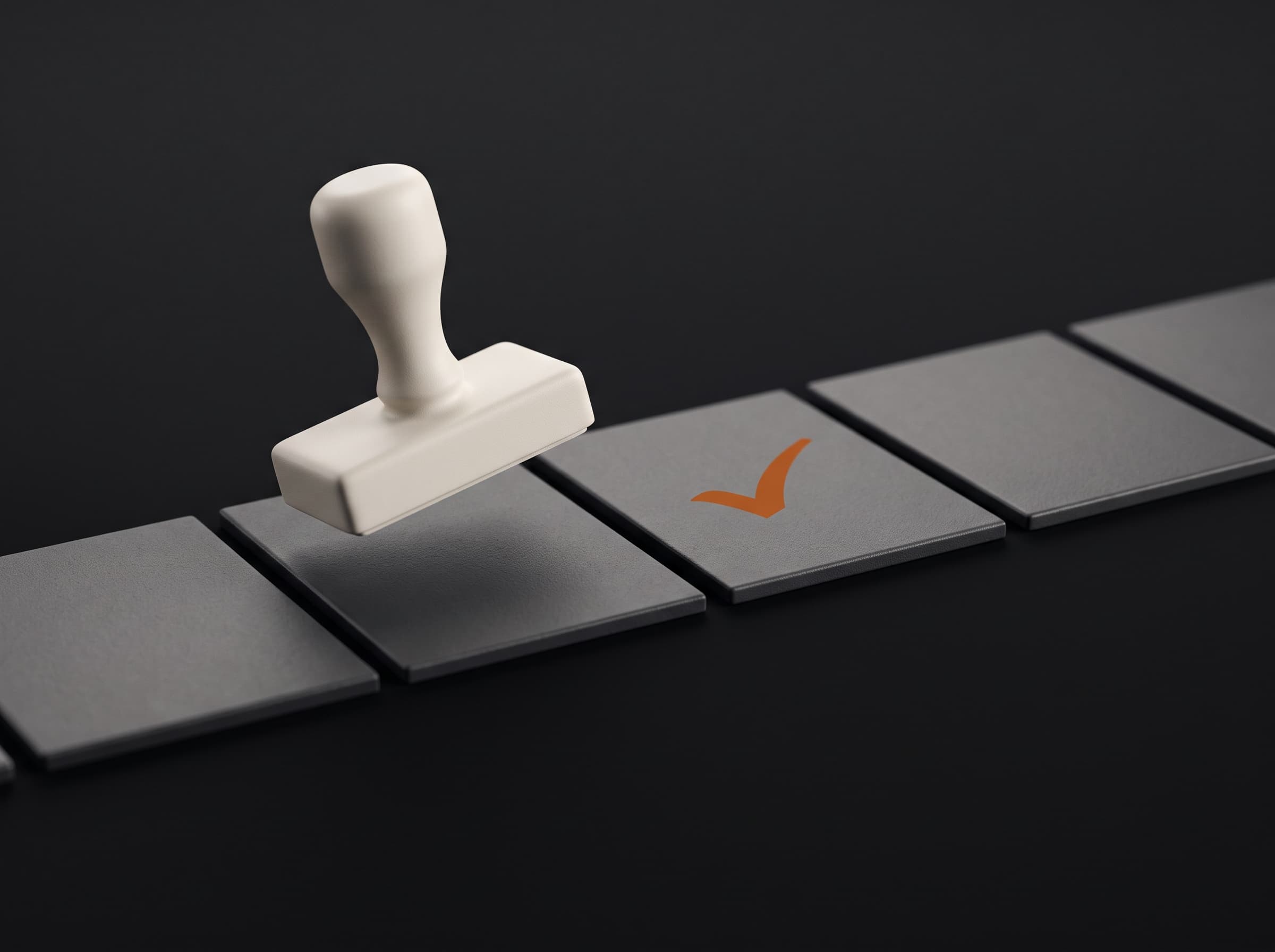 Abstract render of a lens inspecting a row of tiles with one approval mark stamped