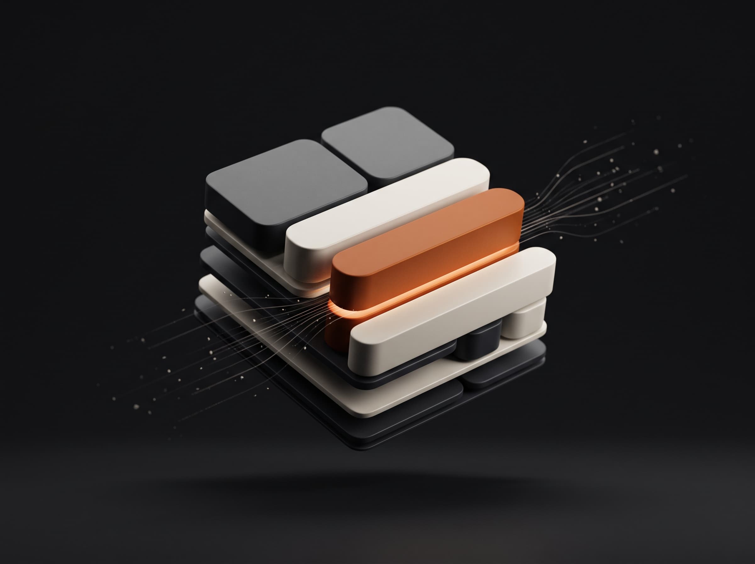 Abstract render of dashboard panels assembling into a stack with one figure highlighted