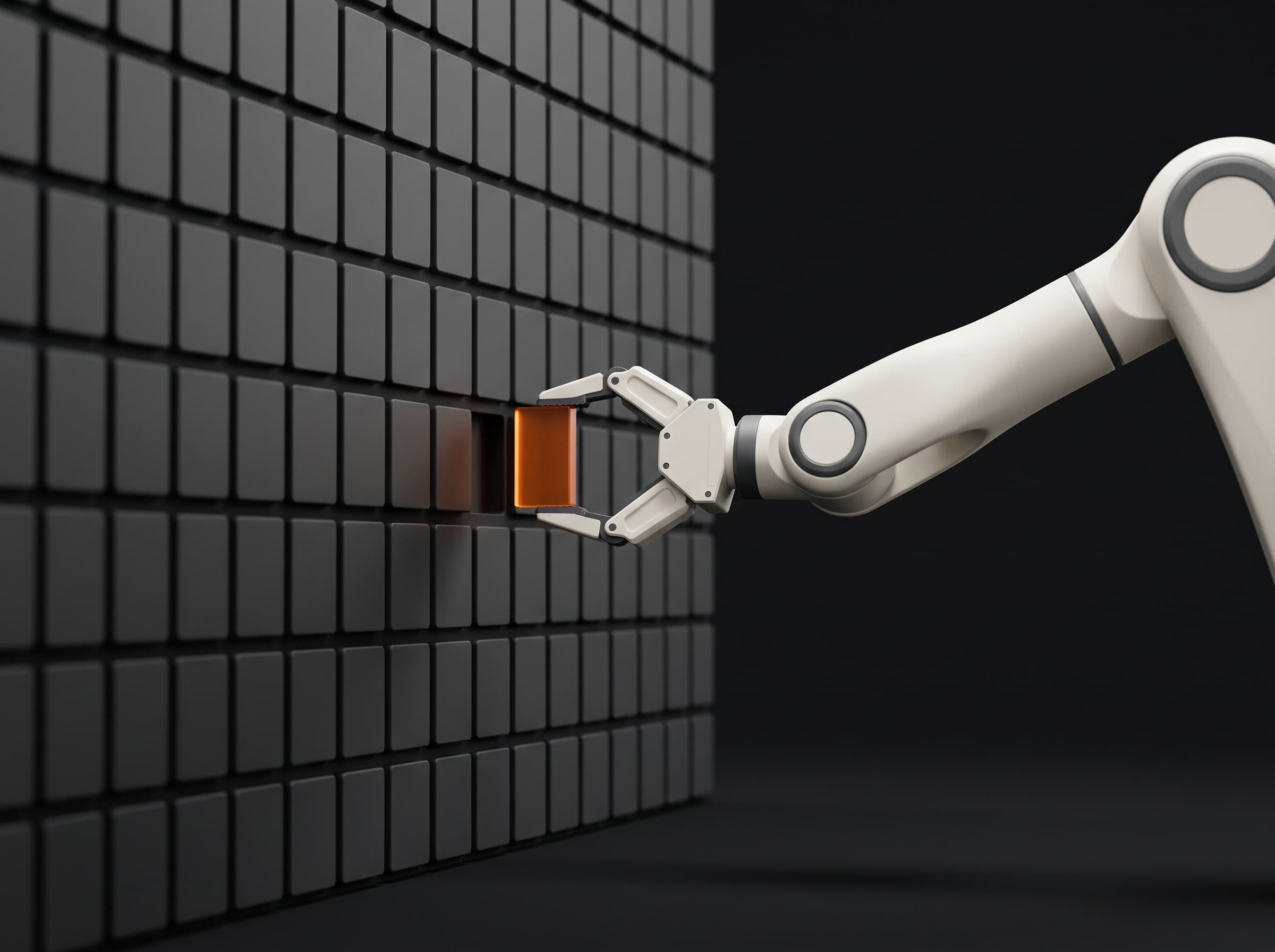 Abstract render of a mechanical arm drawing a glowing data shard from a grid of storage tiles