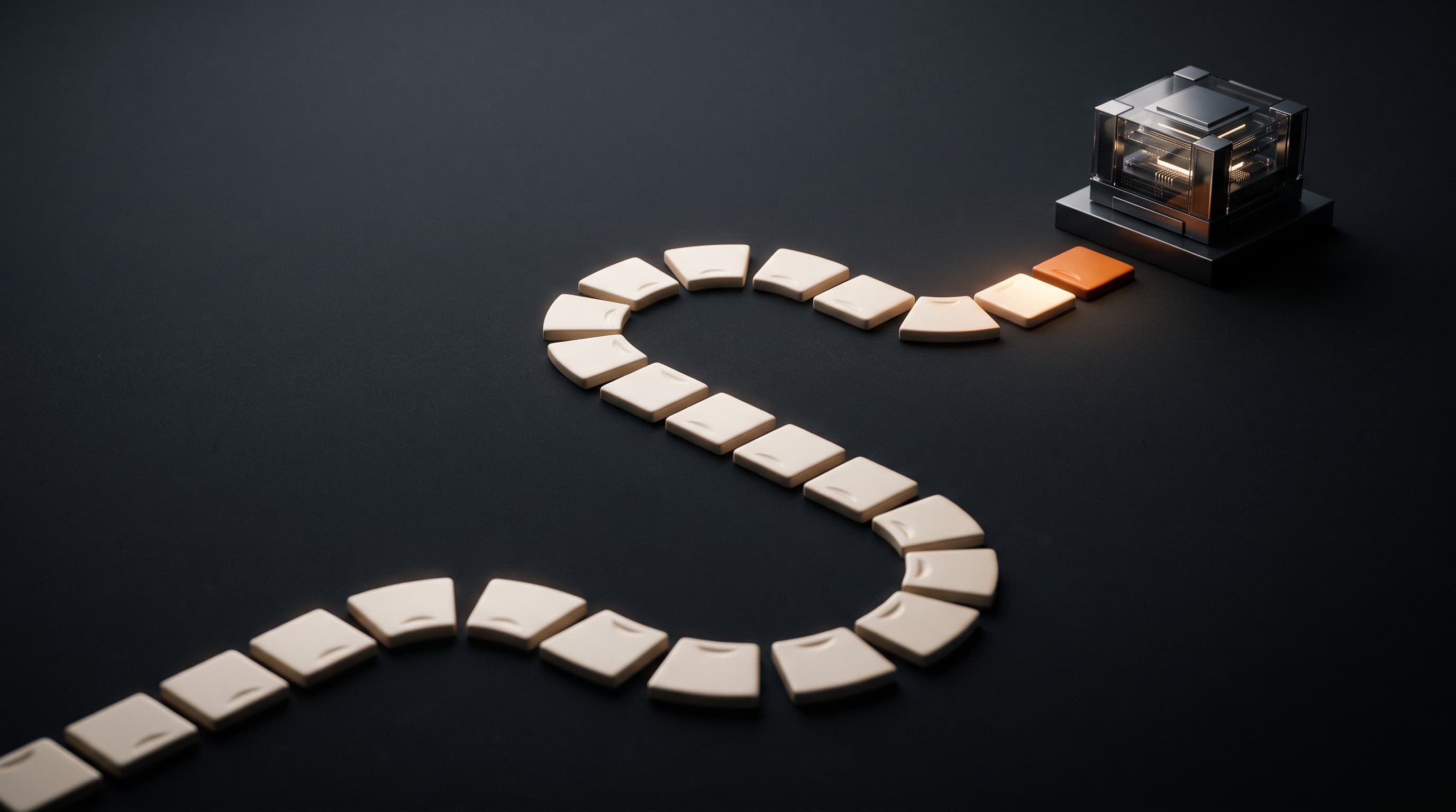 Abstract milestone path leading to a completed AI product outcome