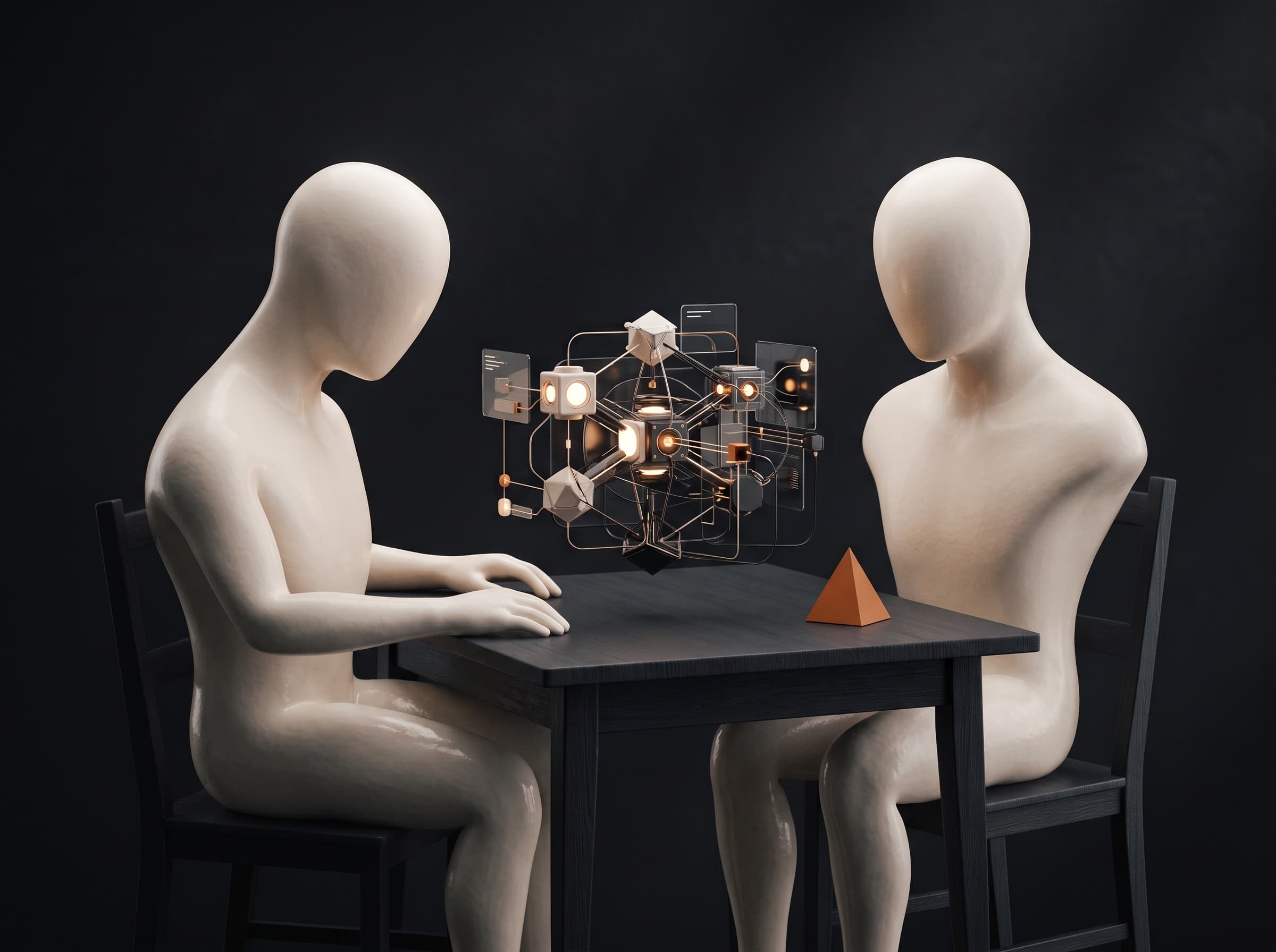 Abstract collaboration visual with two people working on an AI product model